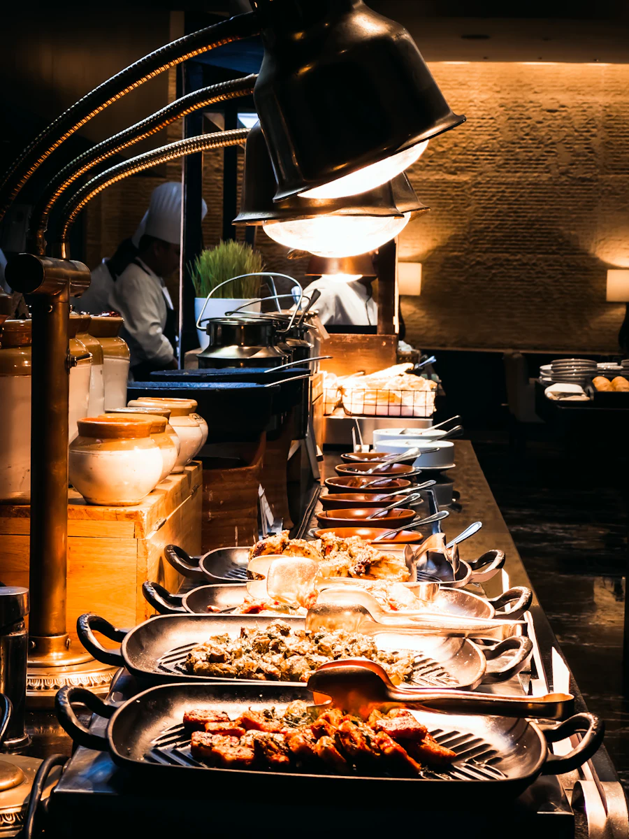 Chafing dishes on a buffet line